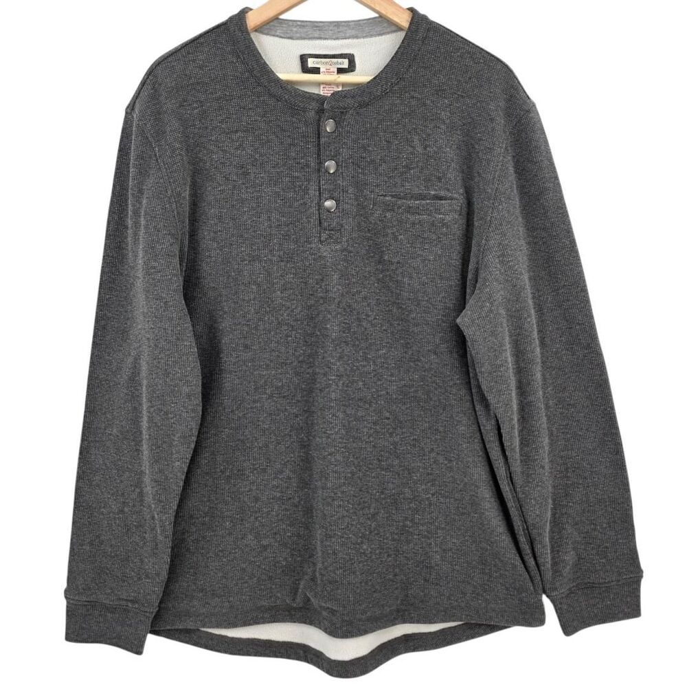 Carbon2Cobalt Mens L Fleece Lined Gray Waffle Knit Long Sleeve Henley Shirt
